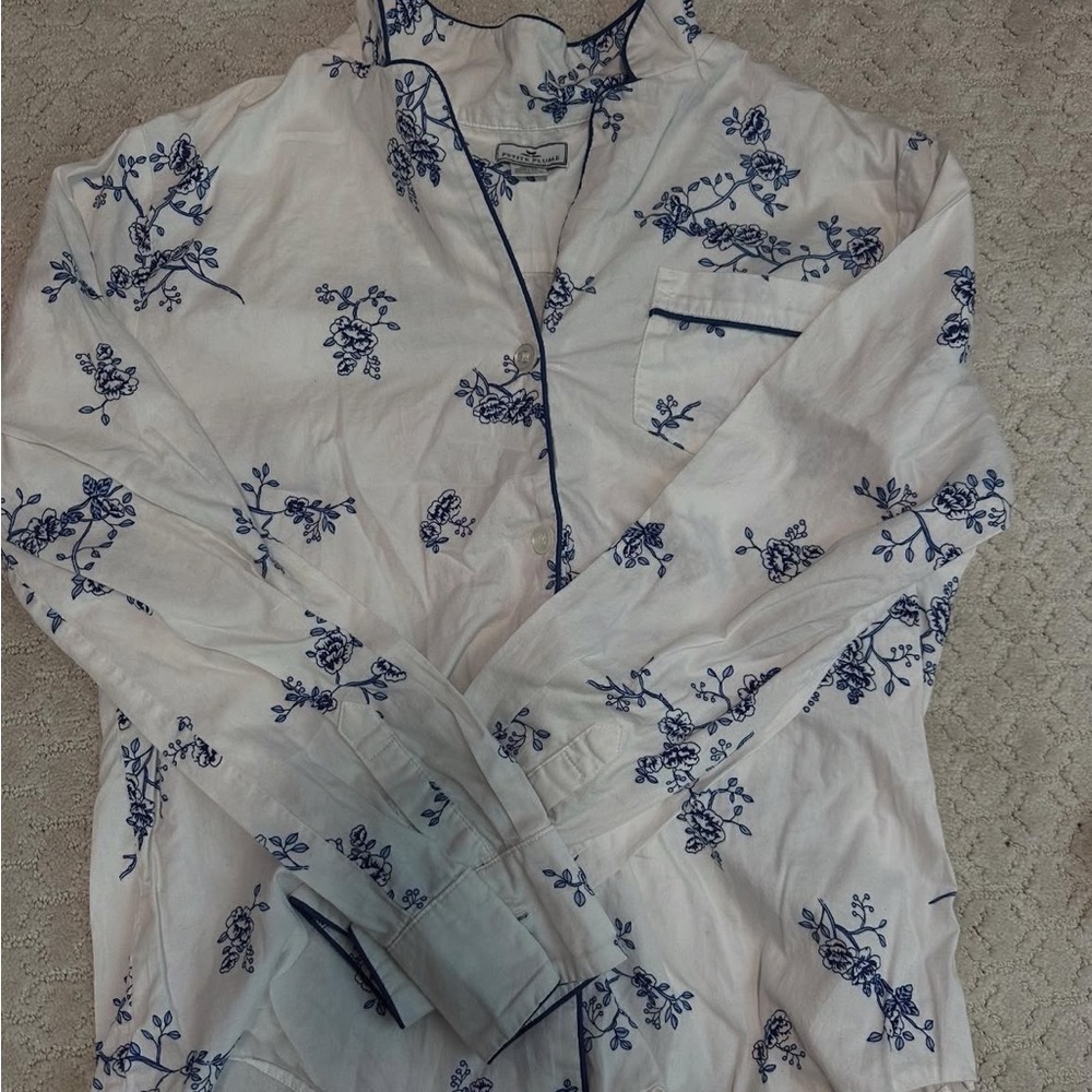Blue and White Floral Pajama Set with Classic Collar